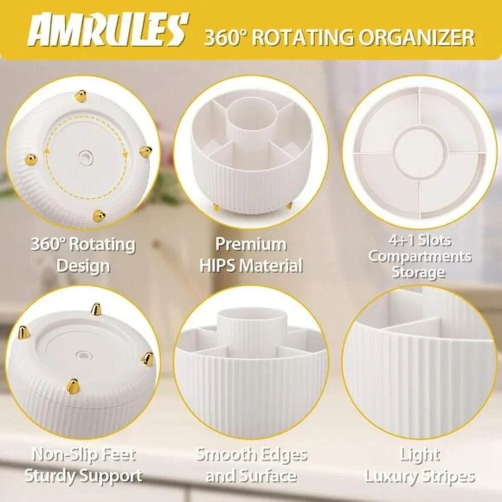 Multi-Angle Rotating Makeup Brush Holder, White Cosmetic Organizer for Vanity
